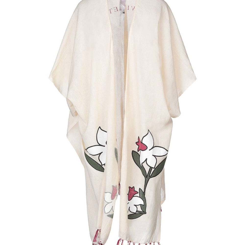TwinSet Italian Cotton Luxury Floral Cream Beach Kimono with Red Accents
